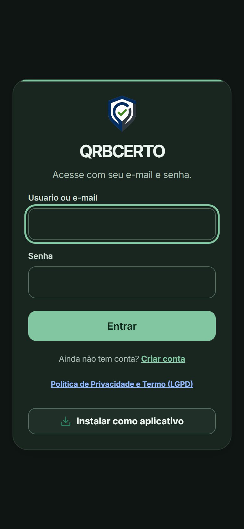Tela de entrada com o botão Instalar como aplicativo
