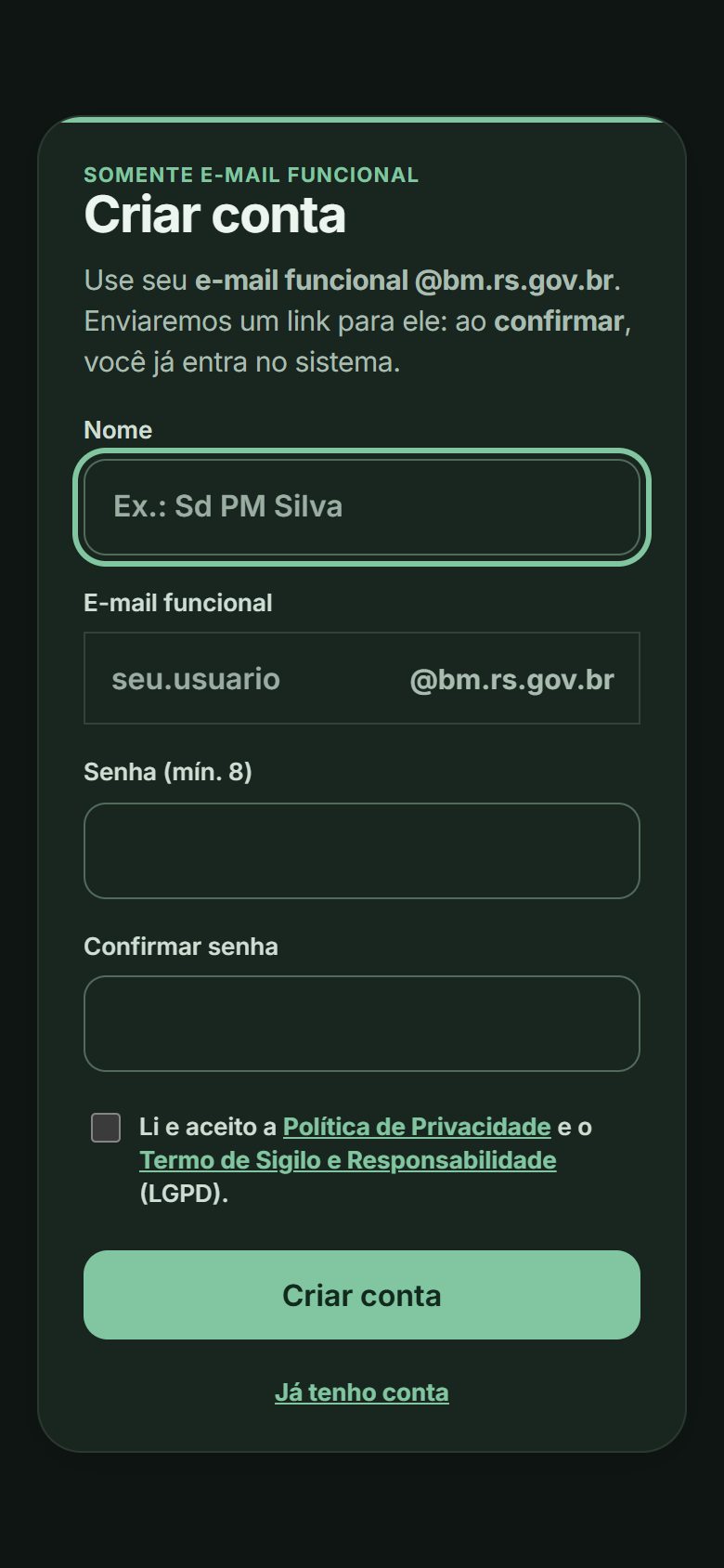 Formulário Criar conta: nome, e-mail funcional, senha e aceite LGPD