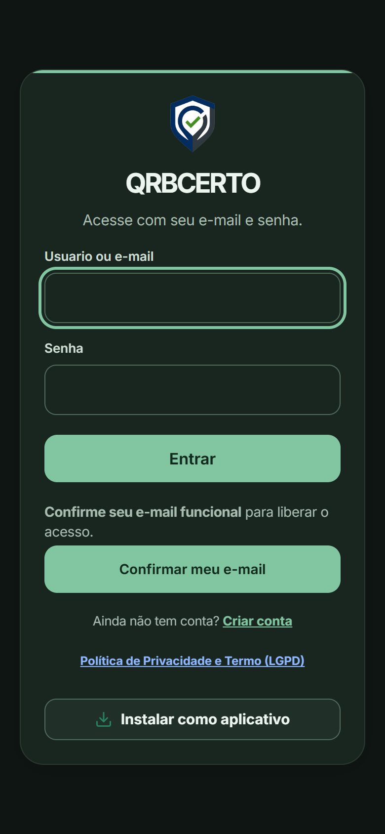 Tela do app com o botão Confirmar meu e-mail