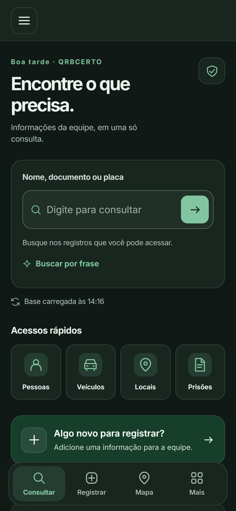 Tela inicial com busca, acessos rápidos e barra inferior