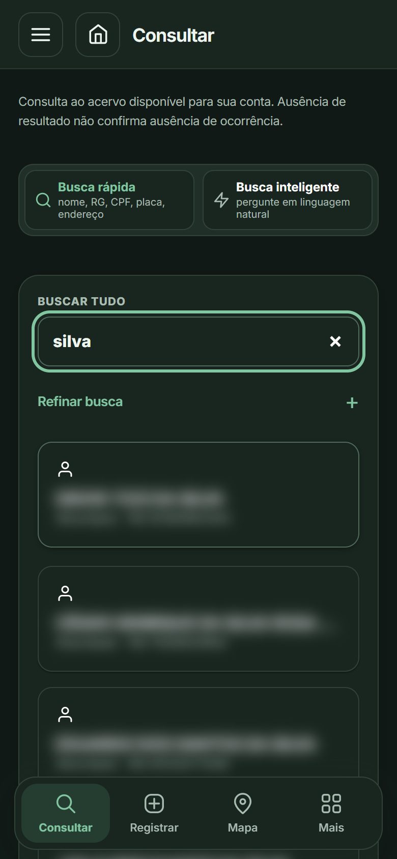 Tela Consultar com busca rápida e resultados