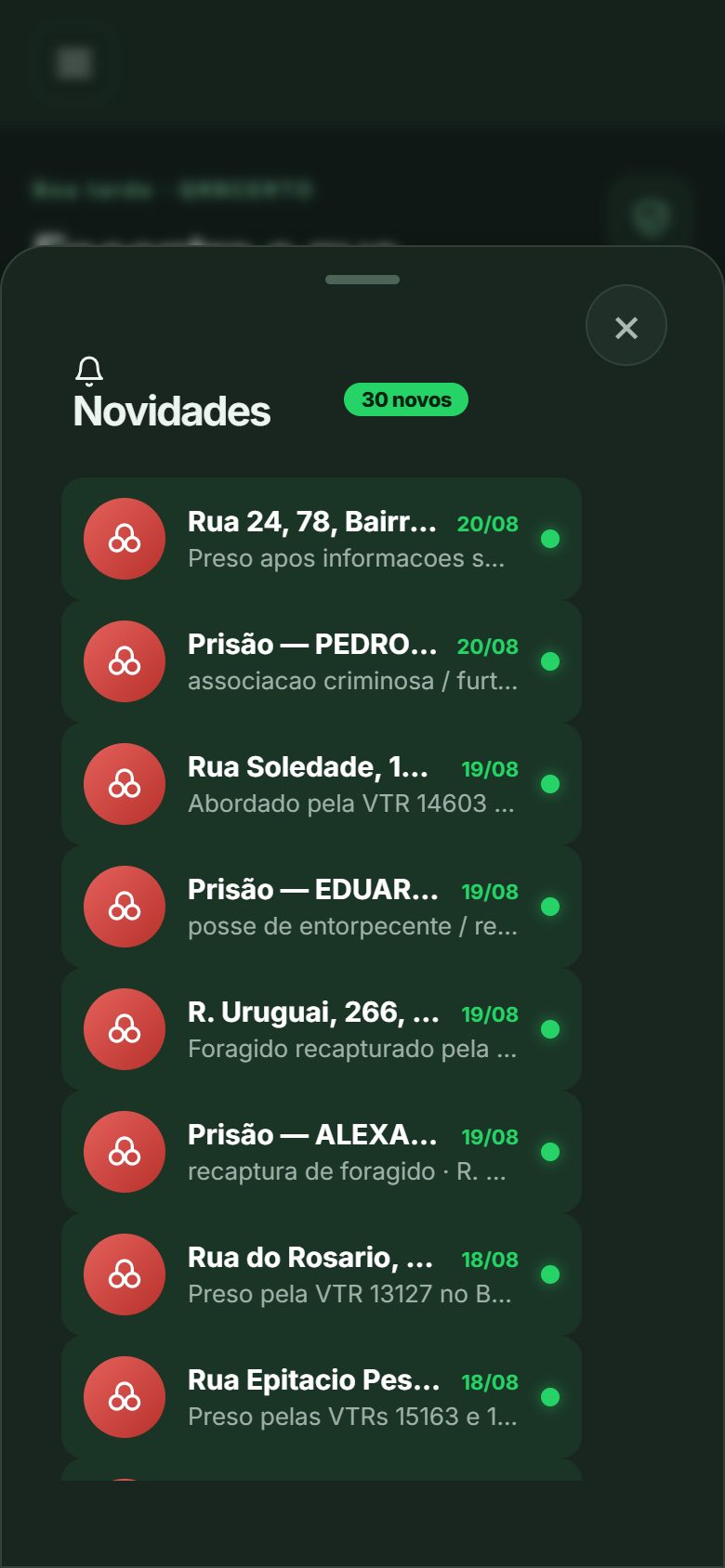 Menu lateral com todas as áreas do sistema